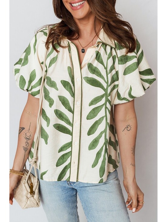 Tops - Women's Short Sleeve Button-Up Shirt with Green Leaf Print